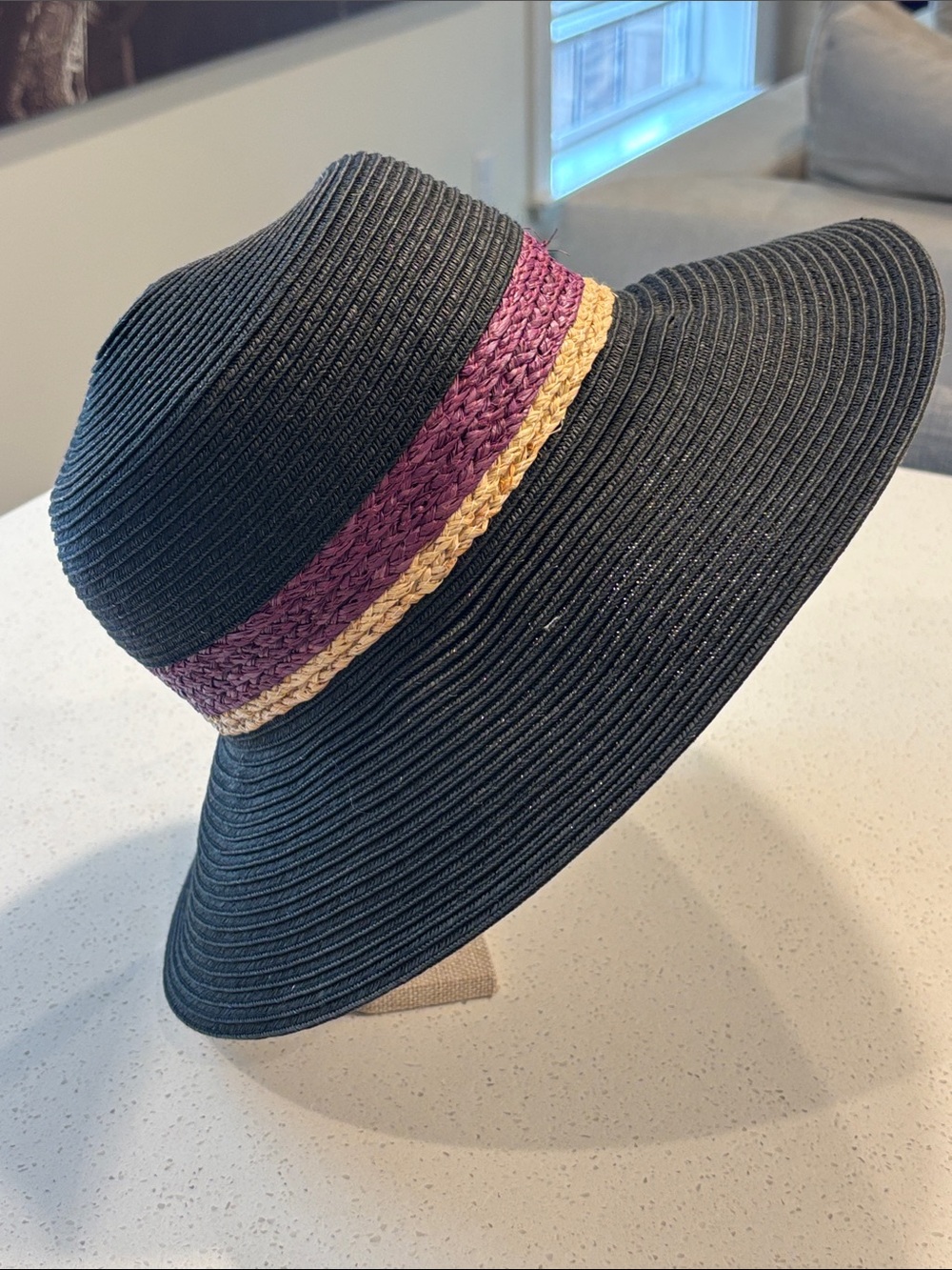 Giovannio New York Black Straw Sun Hat Wide Brim Boho Burgundy Band